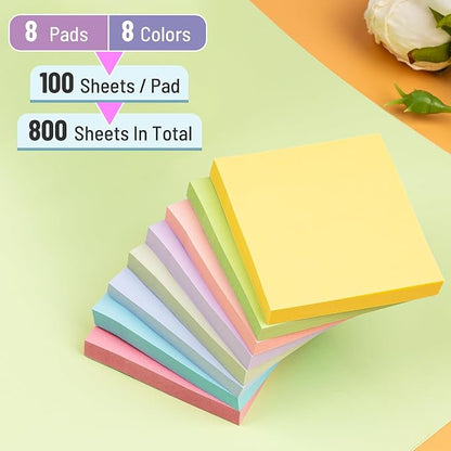 Sticky Notes 3x3 Inches, 8 Pads, 800 Sheets, 8 Color Sticky Note Pads, Premium Sticky Pads, Sticky Notes Bulk, Self-Stick Note Pads, 100 Sheets/pa