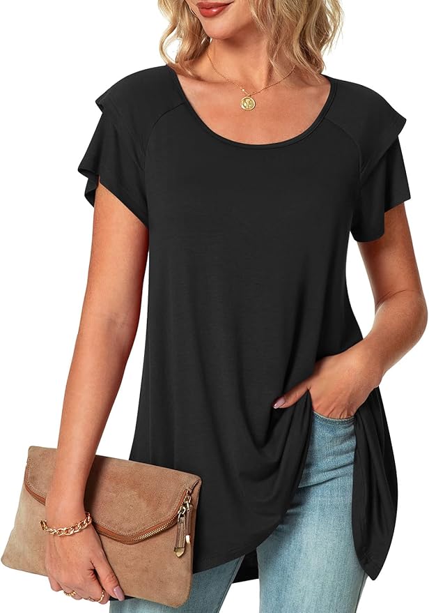 POPYOUNG Women's Summer Ruffle Short Sleeve T-Shirt Casual Crewneck Tunic Tops for Leggings Loose Blouse