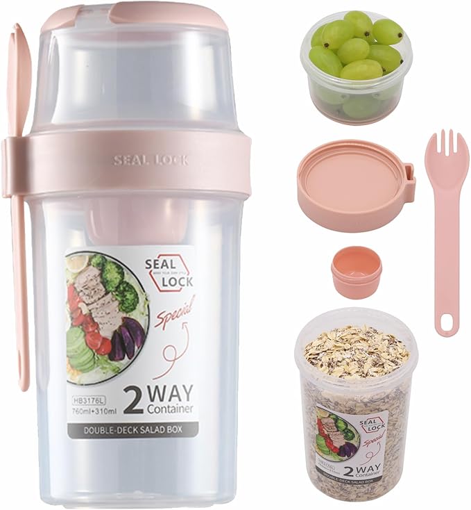 Breakfast On The Go Cups, Salad Cup To Go, Take And Go Yogurt Cereal Overnight Oats Snack Parfait Containers & Salad Dressing Holder With Fork For Lunch, Fruit & Vegetable Jar(Pink,36.2oz)