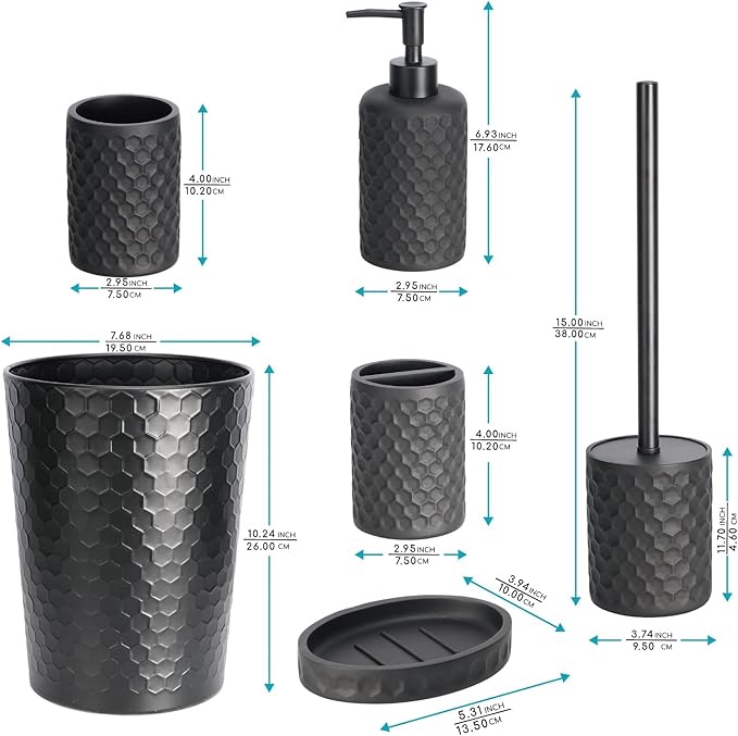 zccz Bathroom Accessory Set - 6 Pcs Black Bathroom Accessories Set with Trash Can, Toothbrush Holder, Toothbrush Cup, Soap Dispenser, Soap Dish, Toilet Brush Holder (Brush Not Included) - Accessoire Salle de Bain