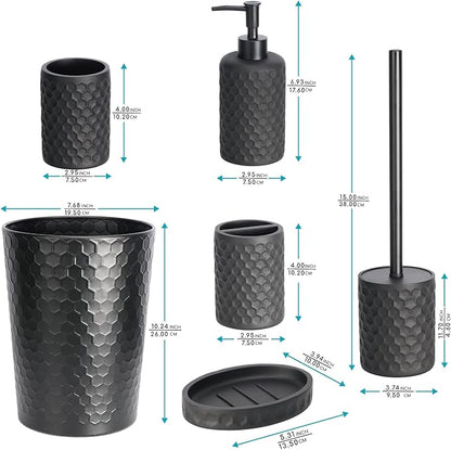 zccz Bathroom Accessory Set - 6 Pcs Black Bathroom Accessories Set with Trash Can, Toothbrush Holder, Toothbrush Cup, Soap Dispenser, Soap Dish, Toilet Brush Holder (Brush Not Included) - Accessoire Salle de Bain