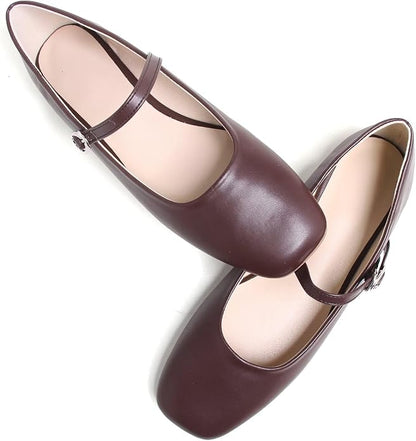 Brown Not Coffee Color TN TANGNEST Women's Leather Flats Square Toe Dress Flats | Retro Soft Mary Jane Flats, Breathable Lightweight Ballet Flats with Adjustable Strap, Comfort Casual Work Shoes