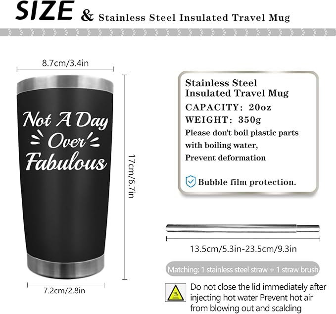 Tumbler Personalized Tumbler Not A Day Over Fabulous Tumbler Insulated Stainless Tumbler with Lids and Straws Christmas Gift for Women for Home, AllBlack9