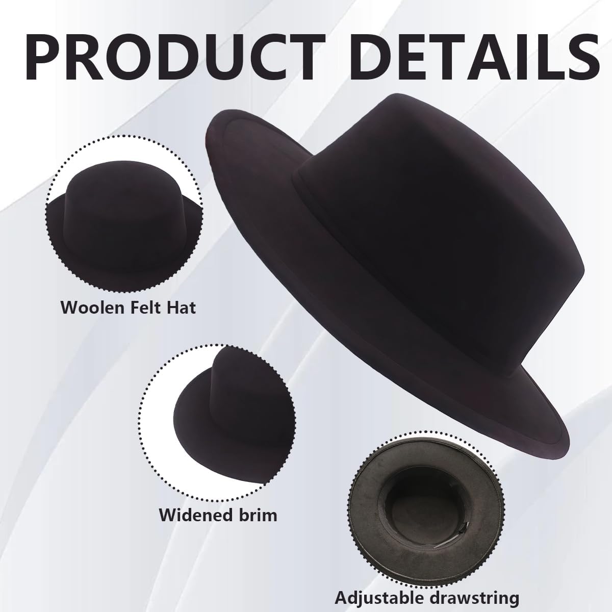 1PCS Black Classic Flat Top Blend Fedora Hat Brim Church Derby Cap for Unisex Men Women Head Circumference 22-22.8in