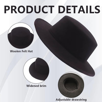 1PCS Black Classic Flat Top Blend Fedora Hat Brim Church Derby Cap for Unisex Men Women Head Circumference 22-22.8in