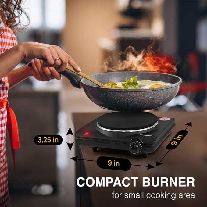 Elite Gourmet ESB301C Countertop Single Coiled Burner, 1100 Watts Electric Hot Plate, Temperature Controls, Power Indicator Lights, Easy to Clean, Black