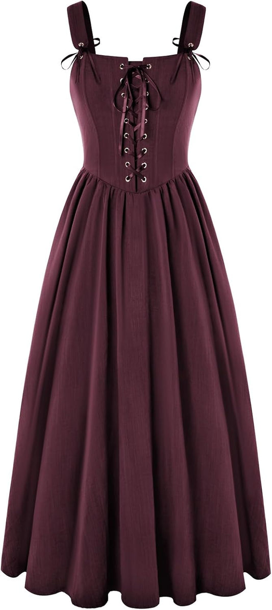 Scarlet Darkness Renaissance Dress Women Lace Up Cottagecore Sleeveless Long Dress Medieval Costume .