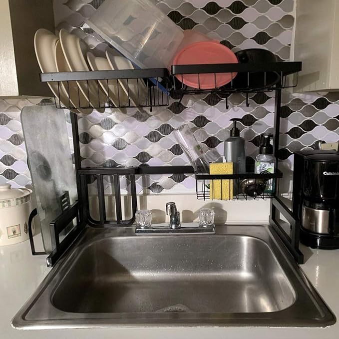 RV Kitchen Sink Rack Motorhome Over The Sink Dish Rack for 25 inch and Less Bowl Counter Space Dish Drying Rack for 27 inch and Up Cabinet Opening 26W x 21H x 13D Black Stainless Steel