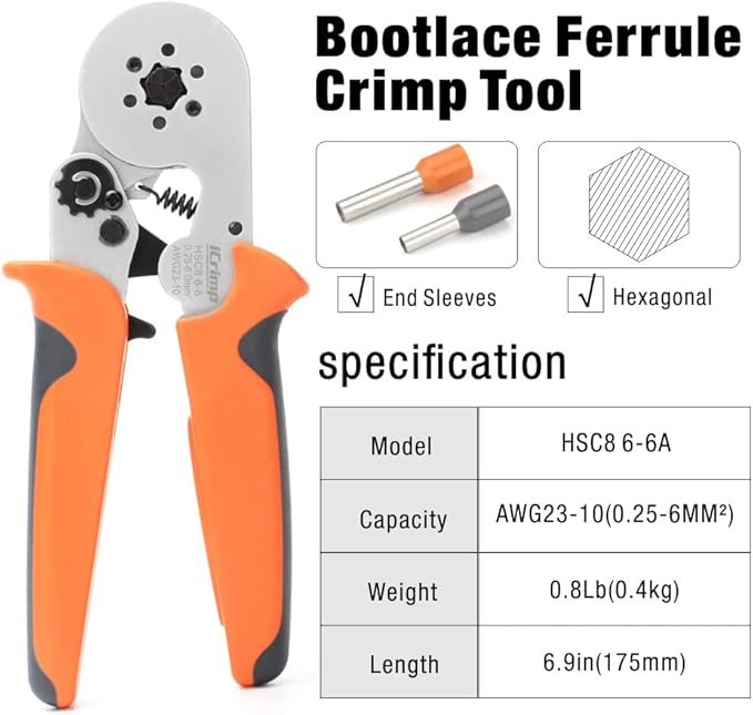 iCrimp Wire Ferrule Crimping Tool, Hexagonal Crimp Profile, Self-adjusting Wire End-sleeves Crimper for AWG23-10 Insulated Terminal  Non-insulated Ferrule
