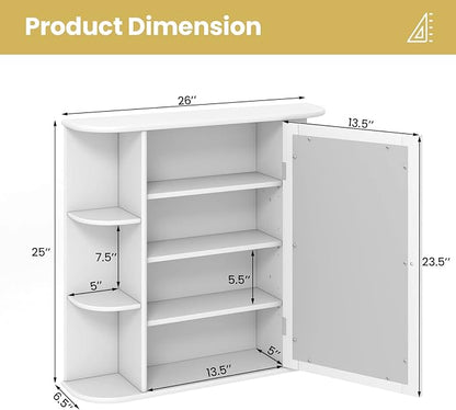 Tangkula Bathroom Medicine Cabinet with Mirror, Wall Mounted Home Storage with Door & 6 Open Shelves, Adjustable Shelves, Mirrored Bathroom Wall Cabinet (White)