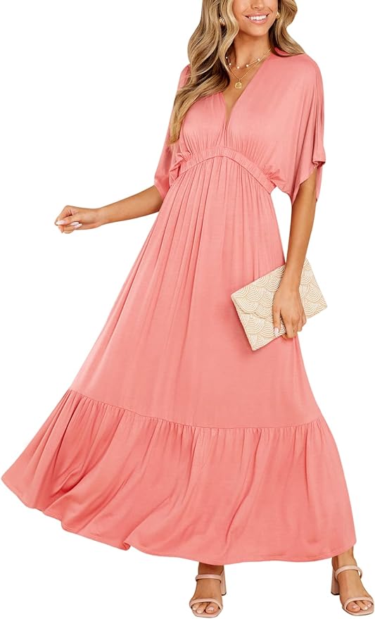 DEEP SELF Women’s Summer V Neck Batwing Short Sleeve Maxi Dress Casual Loose High Waist Flowy Long Beach Dress