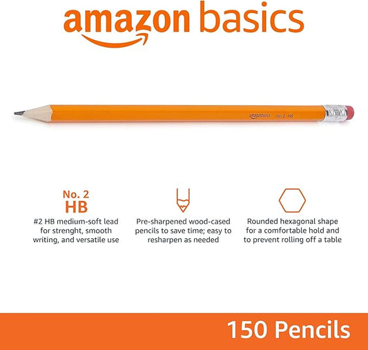Basics Wood-Cased 2 Pencils, Pre-sharpened, HB Lead Bulk Box, 150 Count, Yellow