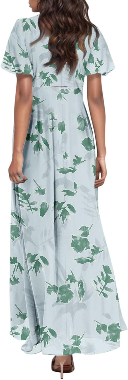 Chiffon Dresses for Women Flutter Sleeve Summer Boho Floral Maxi Dresses Gauze Flowy Garden Wedding Guest Long Dress