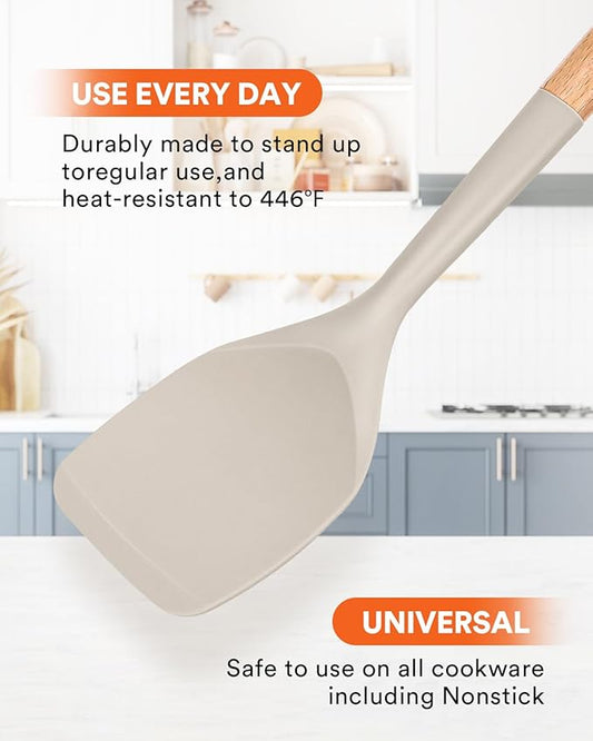 Nonstick Silicone Spatula, Non Scratch Flexible Edge for Pans, Slip Resistant comfortable Wooden Handle, Heat Resistant BPA-Free Kitchen Spatulas for Cooking, 13.2 Inch, Khaki