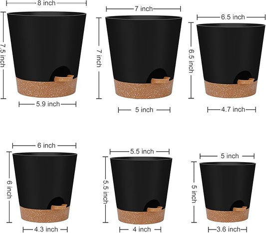 Indoor self-watering pots with drainage holes and saucers, 8, 7, 6.5, 6, 5.5, 5 inches, black color, 6 pots