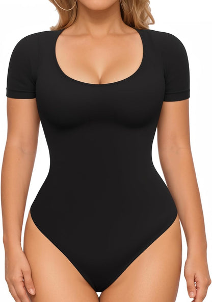 MANGOPOP Shapewear Bodysuits for Women Tummy Control Scoop Neck Short Sleeve Seamless Thong Compression body shaper Tops.