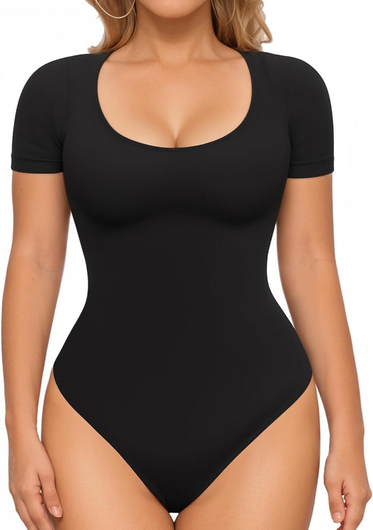 MANGOPOP Shapewear Bodysuits for Women Tummy Control Scoop Neck Short Sleeve Seamless Thong Compression body shaper Tops.