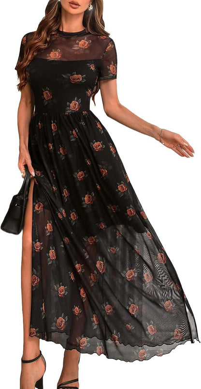 Floral print dress with mesh fabric and waist-cinched silhouette, suitable for various occasions. It's a popular product!