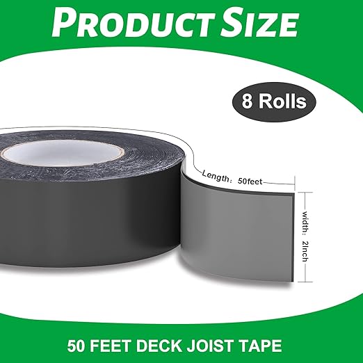 Joist Tape for Decking, 2" x 50' Butyl Deck Tape Waterproof Seal and Weather Resistance Self-Adhesive Flashing Tape,Anti-Corrosion for Wood Joists and Beams-Black (8 Roll)