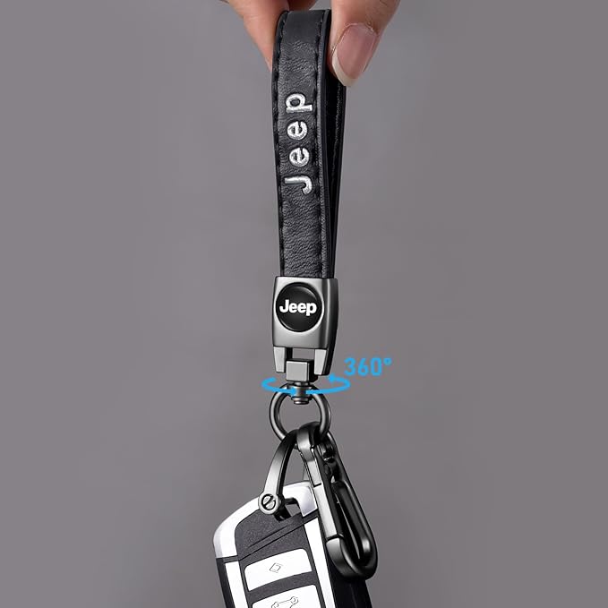 Genuine Leather car Keychain Suit for Jeep Wrangler Compass Cherokee Renegade Patriot Grand Commander Men's and Women's Key chains Keyring Lanyard Accessories Family Present Black