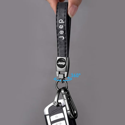 Genuine Leather car Keychain Suit for Jeep Wrangler Compass Cherokee Renegade Patriot Grand Commander Men's and Women's Key chains Keyring Lanyard Accessories Family Present Black