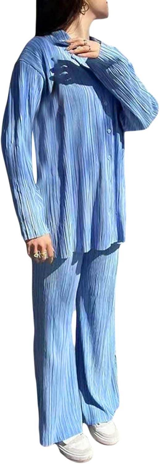 Fuguibadn Women 2 Piece Lounge Outfit Casual Long Sleeve Button Down Shirt Flared Pleated Wide Leg Pants Set Streetwear.