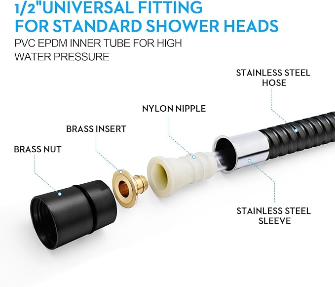 Shower Hose Extra Long 59 Inches Handheld Shower Head Hose with Brass Insert and Nut - Durable and Flexible - Black