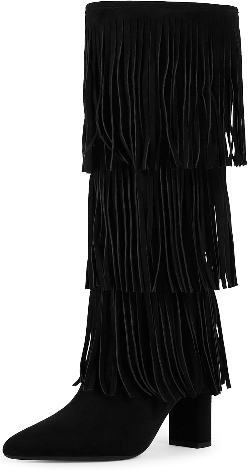 Knee High Boots Women Fold Over Knee High Boots Chunky High Heels Long Boots Zipper Pointed Toe Dress Tall Boots for Women