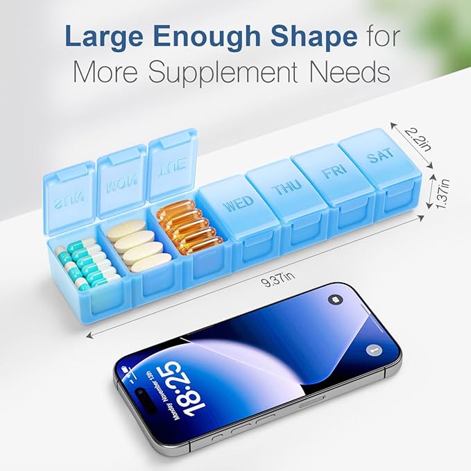 Extra Large Pill Organizer Weekly, KAPENS Daily Pill Case Box Large Capacity Compartments, 7 Day Pill Containers for Medicine Supplements Vitamin Fish Oil, Blue