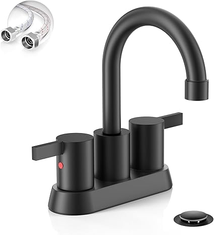 Phiestina 4 Inch 2 Handle Centerset Matte Black Lead-Free Modern Bathroom Faucet, 360 Swivel Spout 2-3 Hole RV Bathroom Vanity Sink Faucet with Pop Up Drain and Water Supply Lines,BF015-1-MB