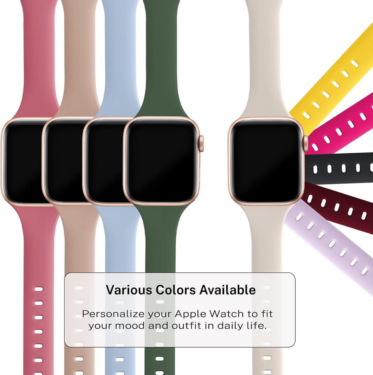 Slim Thin Band Compatible with Apple Watch 38mm 40mm 41mm 42mm 44mm 45mm 46mm 49mm, Replacement Silicone Sport Strap Wristbands for iWatch Series 9/8/7/6/5/4/3/2/1 Ultra/2 SE Women Men, Starlight