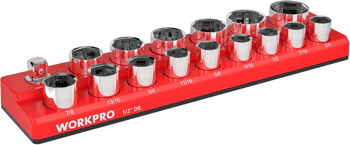 WORKPRO Magnetic 1/2-Inch SAE Socket Organizer - Holds 16 Standard & Deep Size Sockets