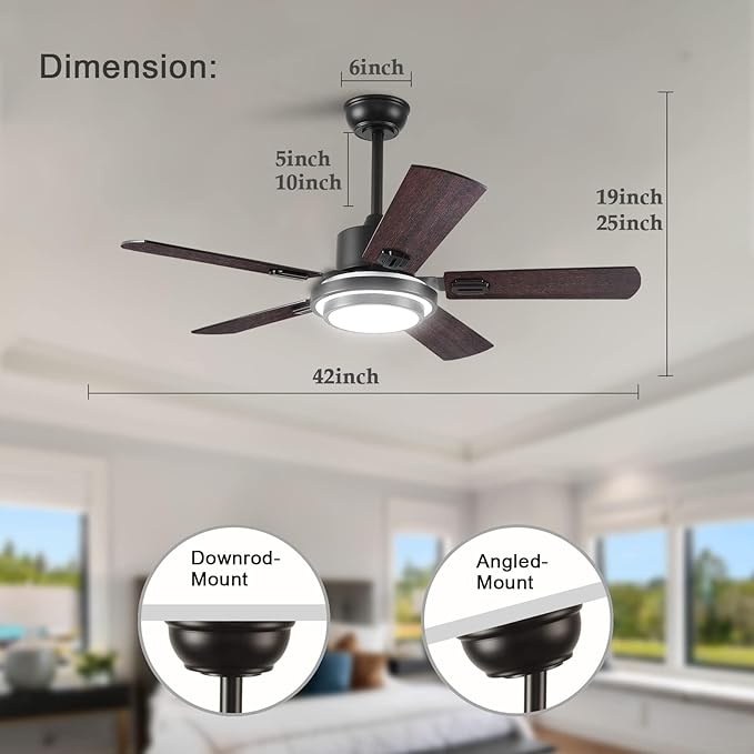 BOOMJOY 42Modern Black Ceiling Fans with Lights and Remote Control,5 Blades,Reversible DC motor,Wood Ceiling Fan with Light for Ourdoor Indoor Patios Farmhouse Living Room Kids Bedroom