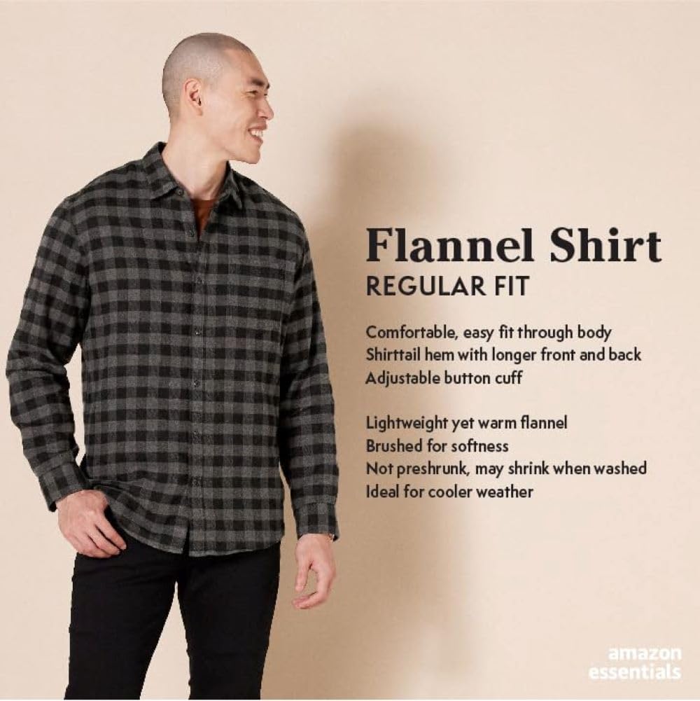Essentials Men's Regular Fit Long-Sleeve Flannel Shirt, Soft Brushed Cotton, Lightweight yet Warm