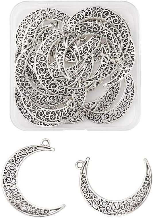 Cheriswelry 20Pcs Tibetan Style Alloy Crescent Moon Pendants - Antique Silver Filigree Moon Alloy Charms, Metal Dangle Charms 40mm for DIY Necklace, Earring Jewelry Making