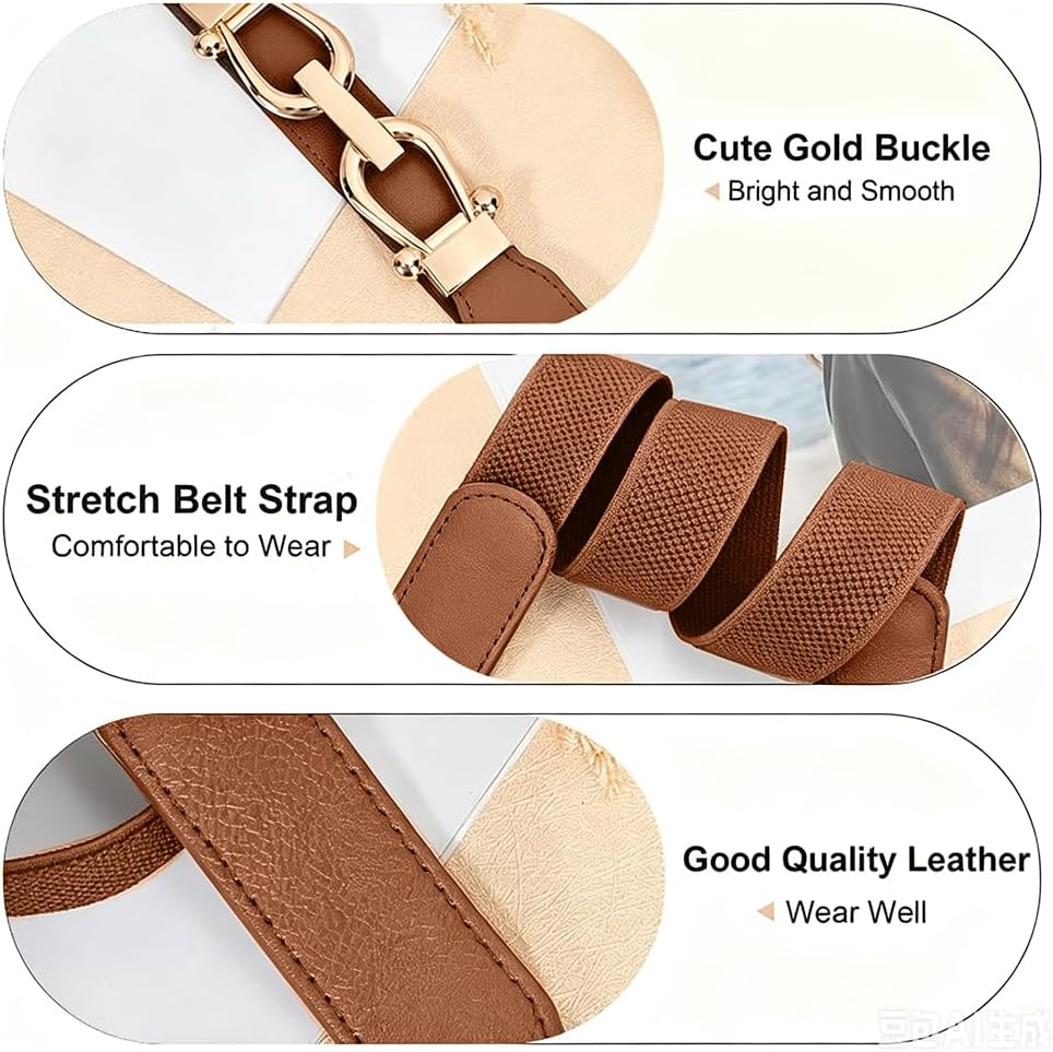 Women Stretchy Waist Belt with Gold Buckle, Retro Elastic Skinny Belt for Ladies, Adjustable and Comfortable Fit