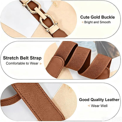 Women Stretchy Waist Belt with Gold Buckle, Retro Elastic Skinny Belt for Ladies, Adjustable and Comfortable Fit