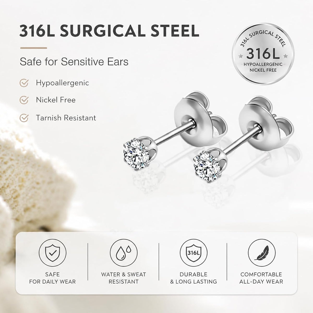 Stud Earrings for Women, 20G Hypoallergenic Surgical Steel Cubic Zirconia Earrings CZ Earrings ( 10 )