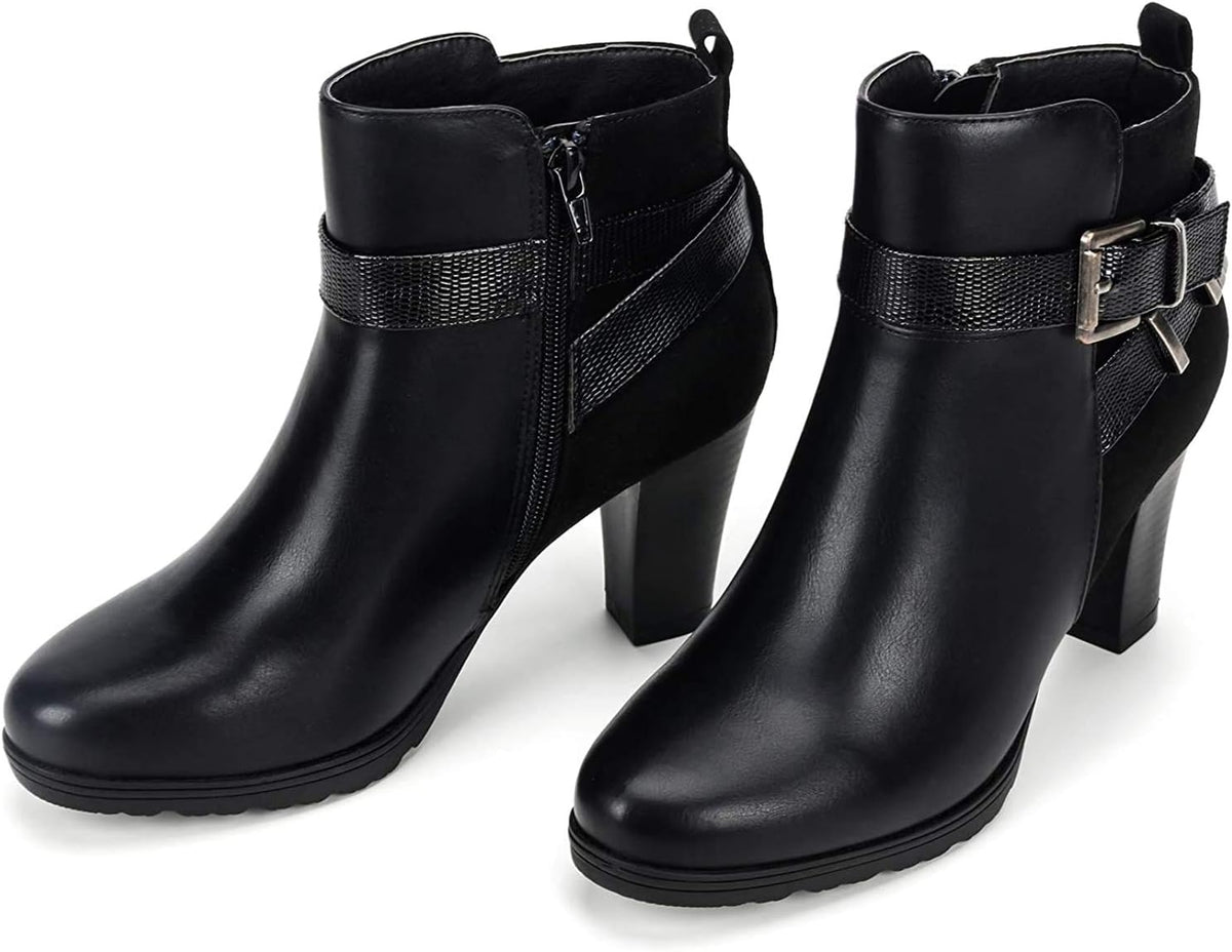 mysoft Women's Zipper Booties Chunky Stacked Heel Ankle Boots Buckle Strap Ankle .