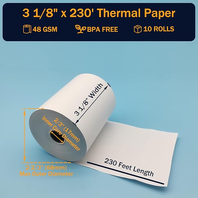 (10 Rolls) 3 18 x 230 Thermal Paper Rolls, BPA Free Thermal Receipt Paper Rolls, 3.125 inch Wide and 230 ft Long Per Thermal Paper Receipt Roll