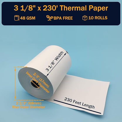 (10 Rolls) 3 18 x 230 Thermal Paper Rolls, BPA Free Thermal Receipt Paper Rolls, 3.125 inch Wide and 230 ft Long Per Thermal Paper Receipt Roll