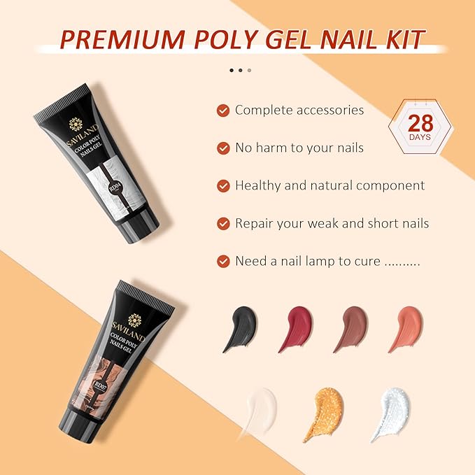 Saviland Poly Gel Nail Kit - 7 Colors with Glitter Red Black, DIY Nail Extension Gel, Slip Solution  Tools for Starter, Party, Home Beauty Gift