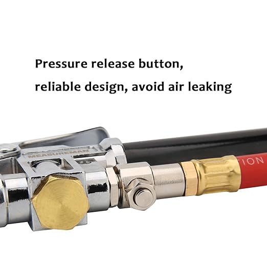 MEASUREMAN Heavy Duty Bayonet Style Tire Inflator, Aluminum Body, 20" Red Hose, Clip On Air Chuck, Aluminum Slide, Range 10-130psikpa