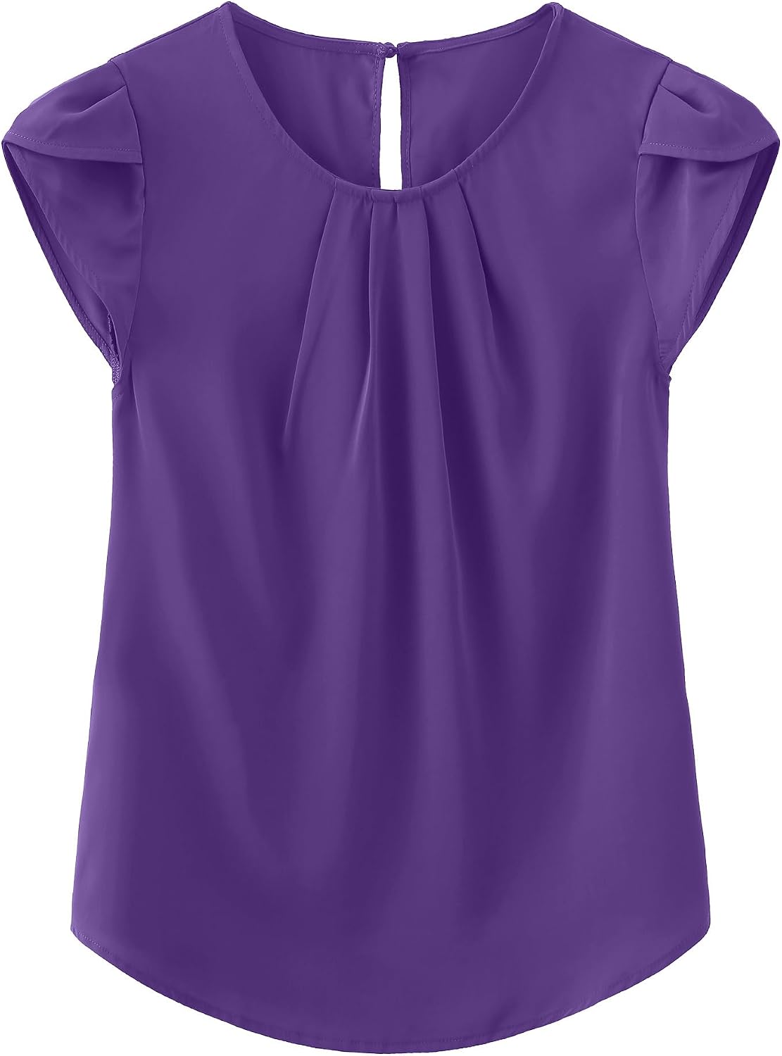 TASAMO Women's Casual Round Neck Basic Pleated Top Cap Sleeve Curved Keyhole Back Chiffon Blouse.