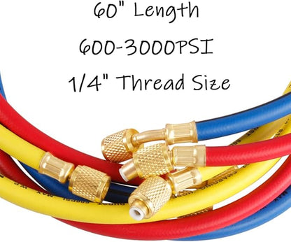 3PCS Refrigerant Charging Hose 60" Length 600-3000PSI 14" Thread Fits for R12 R22 R134A 404 502 Car Air Conditioning and HVAC Charging Manifold Gauge Hose Tube RedYellowBlue Three Colors