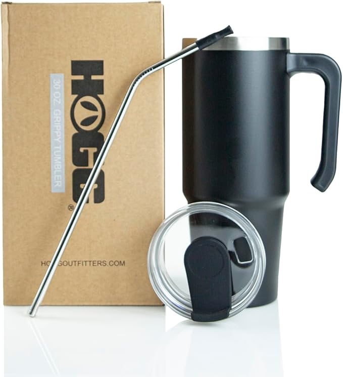Hogg 30oz Grippy Tumbler with Removable Handle, Lid, and Stainless Steel Straw, DIY, Customizable, Double Wall Insulated Tumblers (Black)