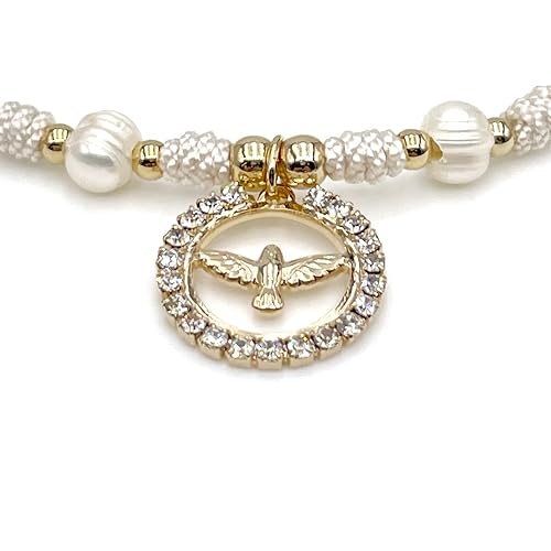 Holy Spirit 18K Gold Plated CZ Pendant on Dainty Pearls Bracelet Charm Catholic Gift Of Hope For Women and Teens