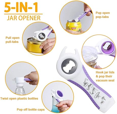 Bottle Opener Set,2Pcs Inclinding 5-in-1 and 6-in-1, Can, Soda, and Jar Openers, Twist Off Lid  Jar Opener for Seniors and Arthritic Hands (White Purple)
