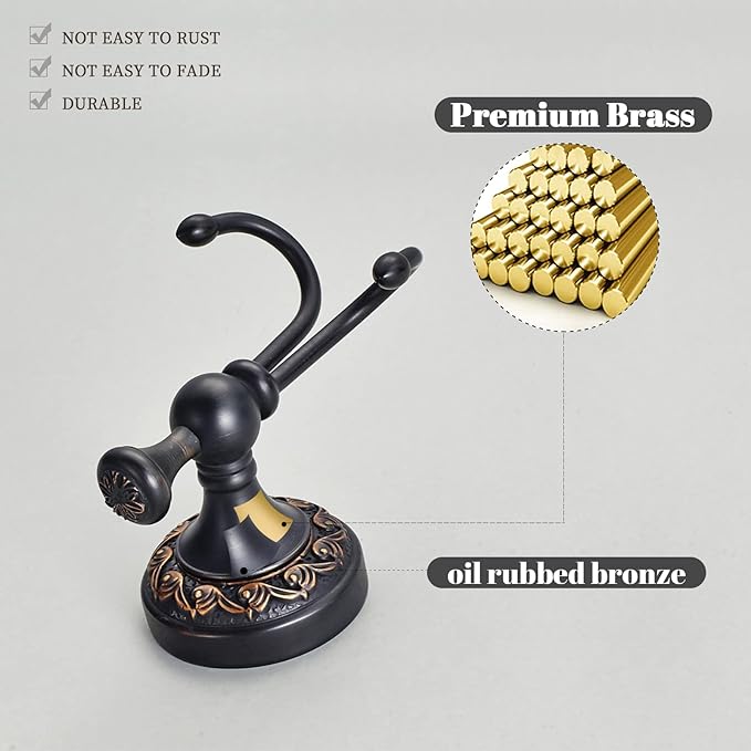 Leyden Oil Rubbed Bronze Towel Hooks, Antique Robe Hooks Brass Coat Double Clothes Hanger for Bathroom