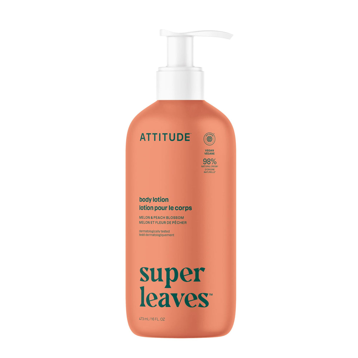 ATTITUDE Body Lotion, EWG Verified Moisturizer, Vegan Skin Care Products, Non-Greasy, Hydrating for Dry Skin, Cruelty Free, Glowing, Melon & Peach Blossom Scent, 16 Fl Oz